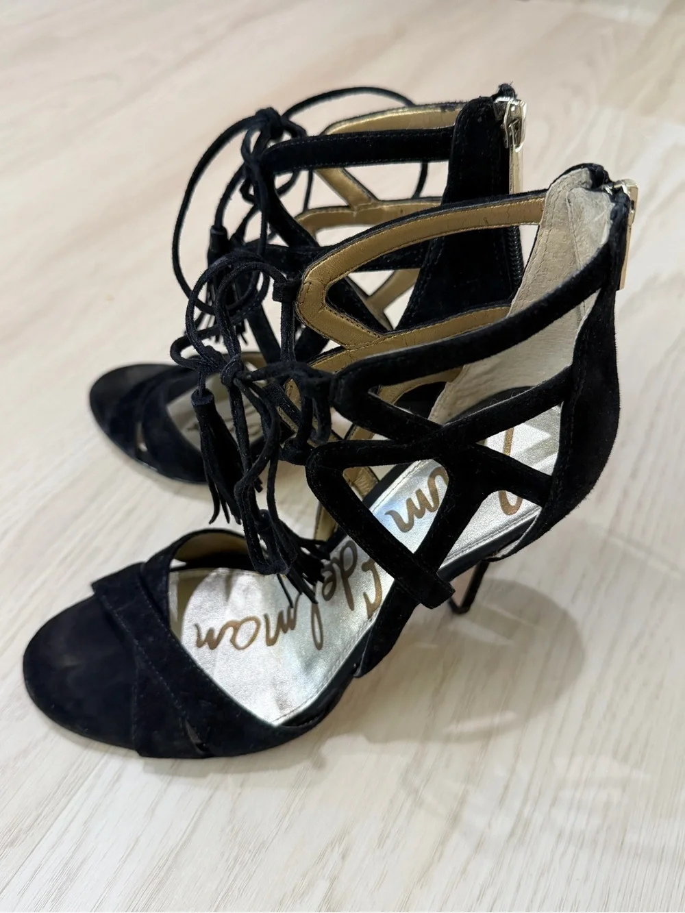 Sam Edelman Black Suede Lace-Up Heeled Sandals